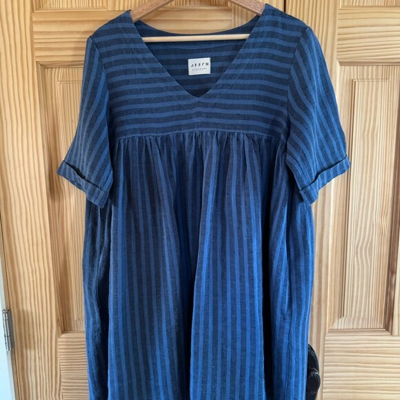OFFON Linen Smock Mini Dress Cecile, Navy & Blue Stripes, Small - Picture 1 of 6